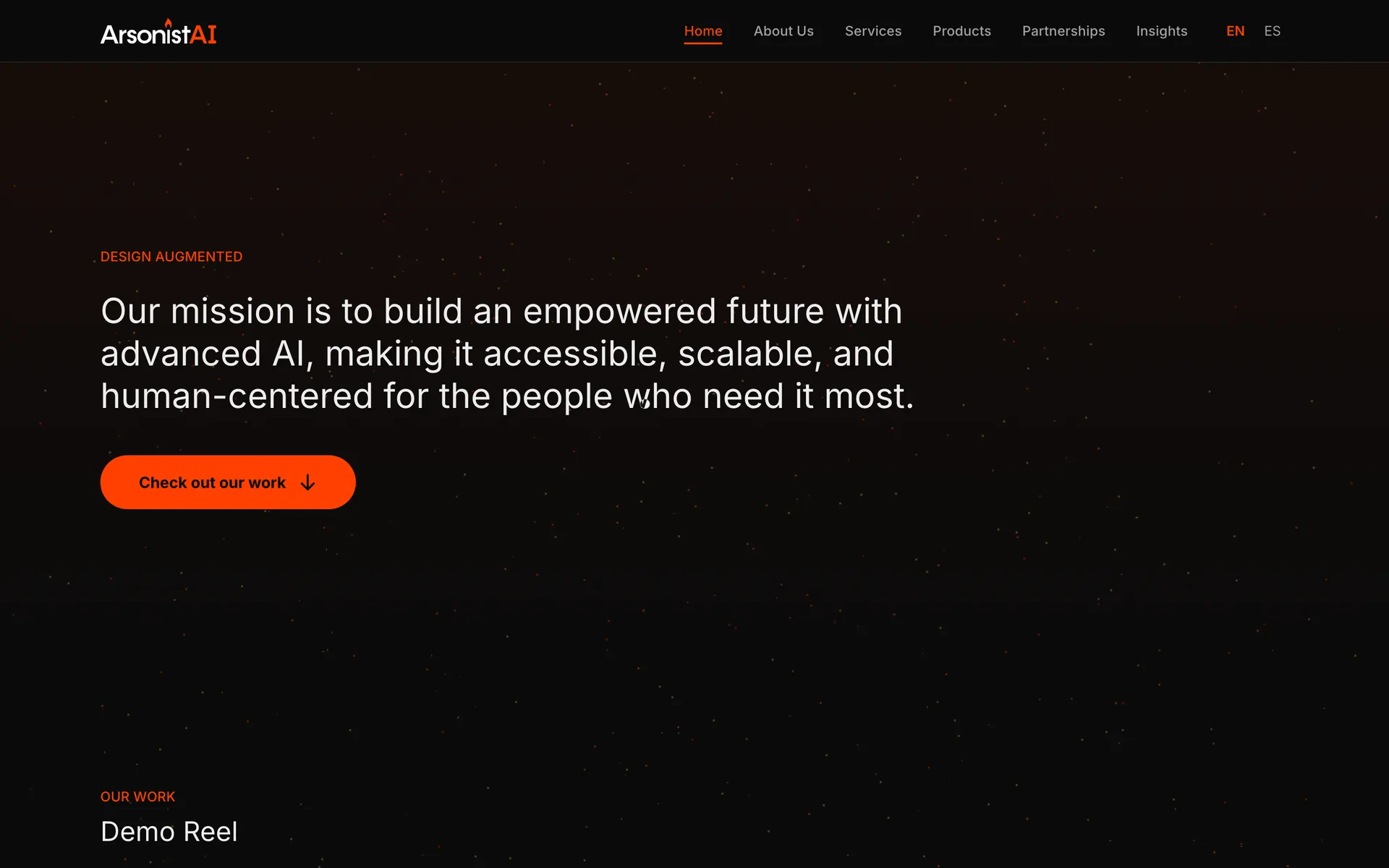 The ArsonistAI home page hero in dark mode, with the lava accented logo and a sticky blurred navigation bar.