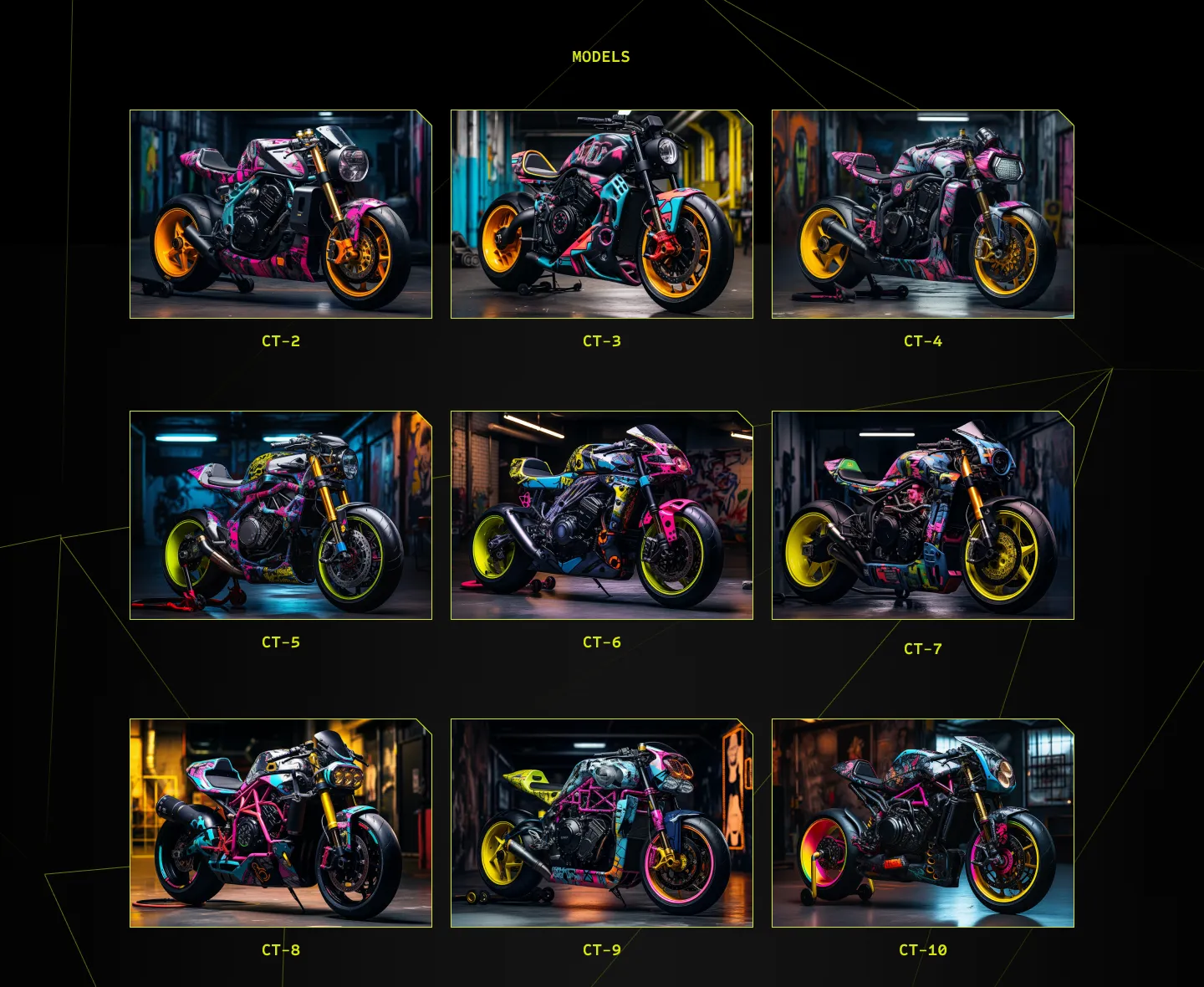 The Cytron models grid, nine motorcycles in three rows of three, each labelled CT-2 through CT-10 in lime monospace.