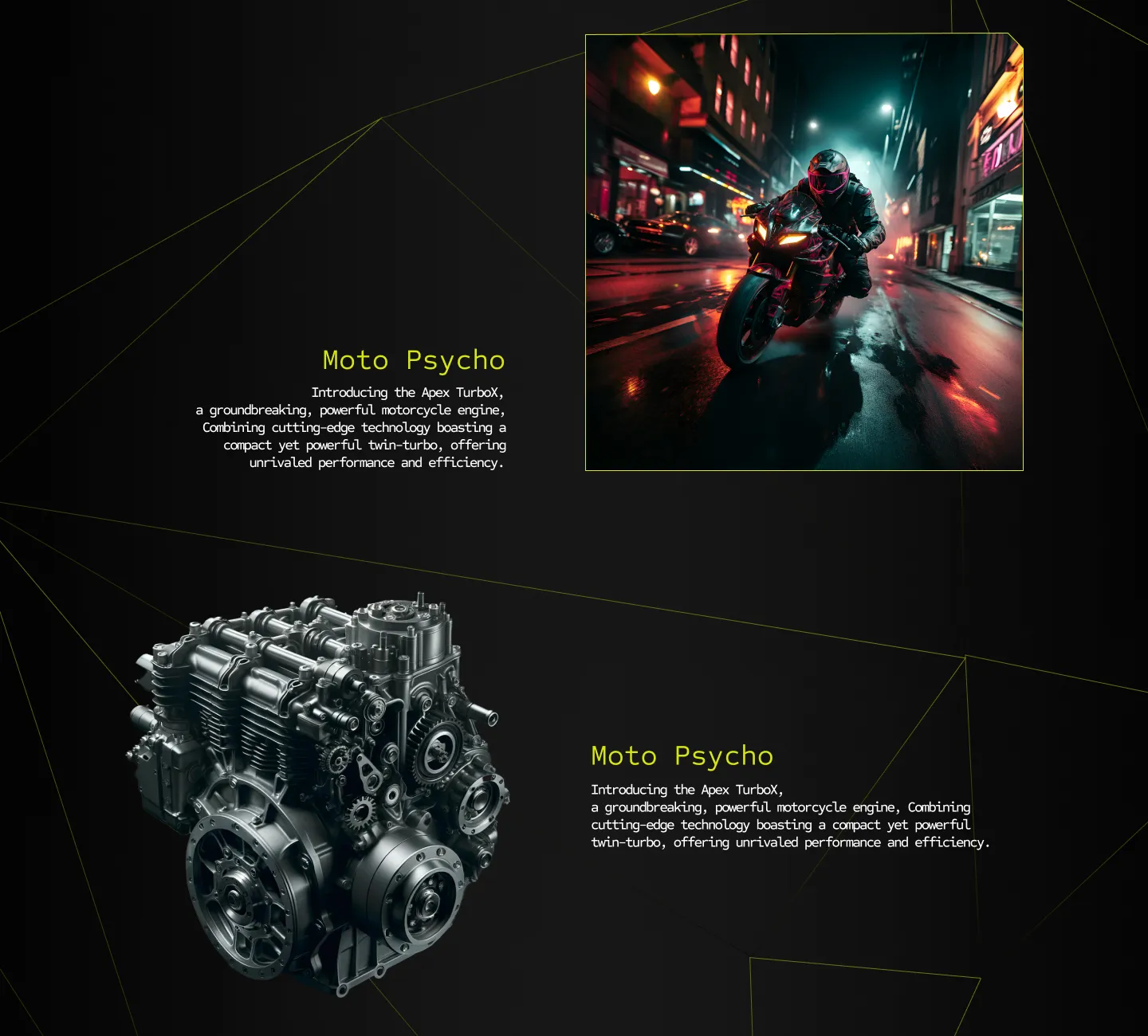 Two alternating story blocks on the Cytron page, a night rider photograph beside body copy and an engine cutout beside more copy, with thin lime wireframe lines crossing the black background.