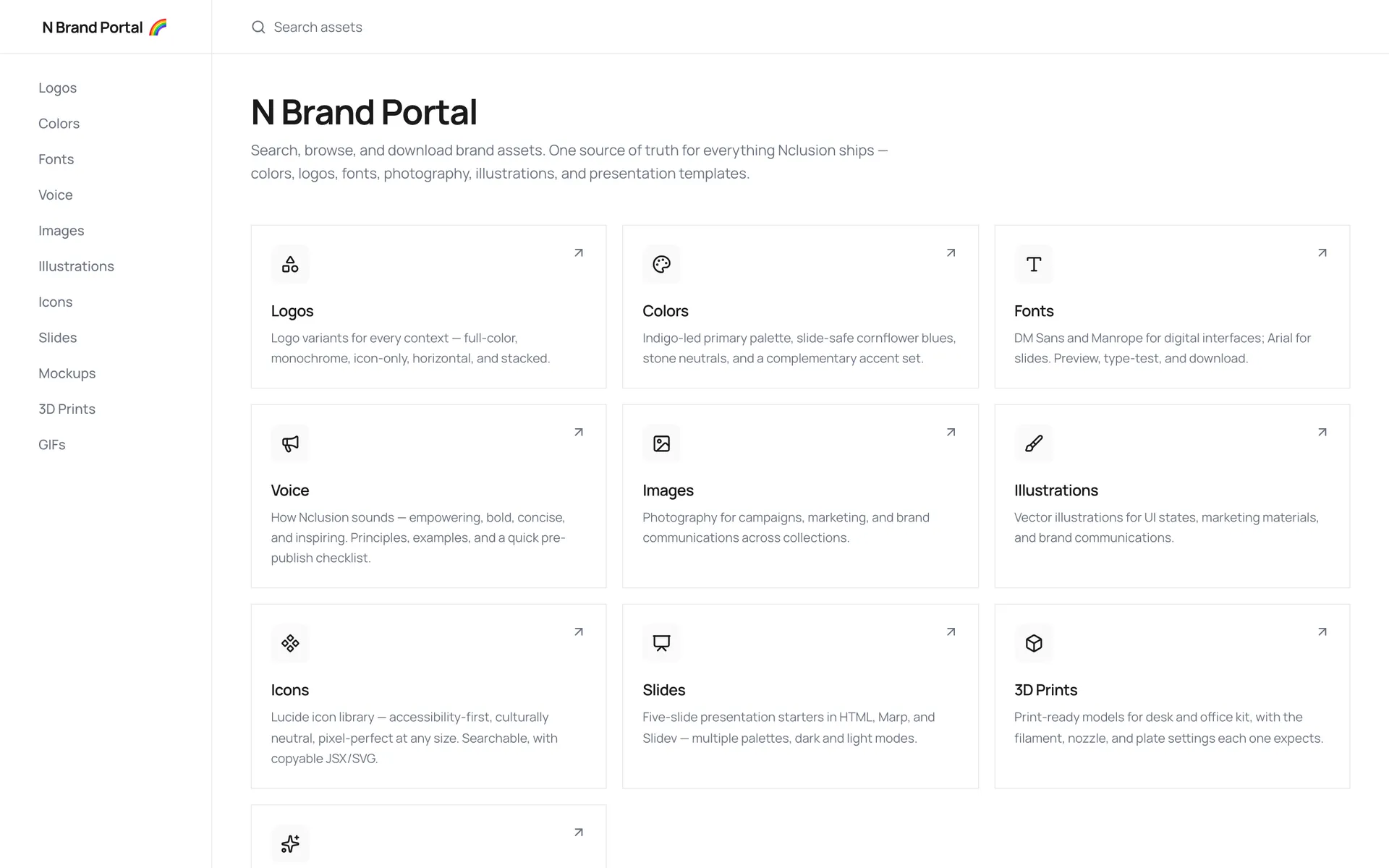 The asset library grid, showing logo variants beside a row of brand color swatches with their hex values.